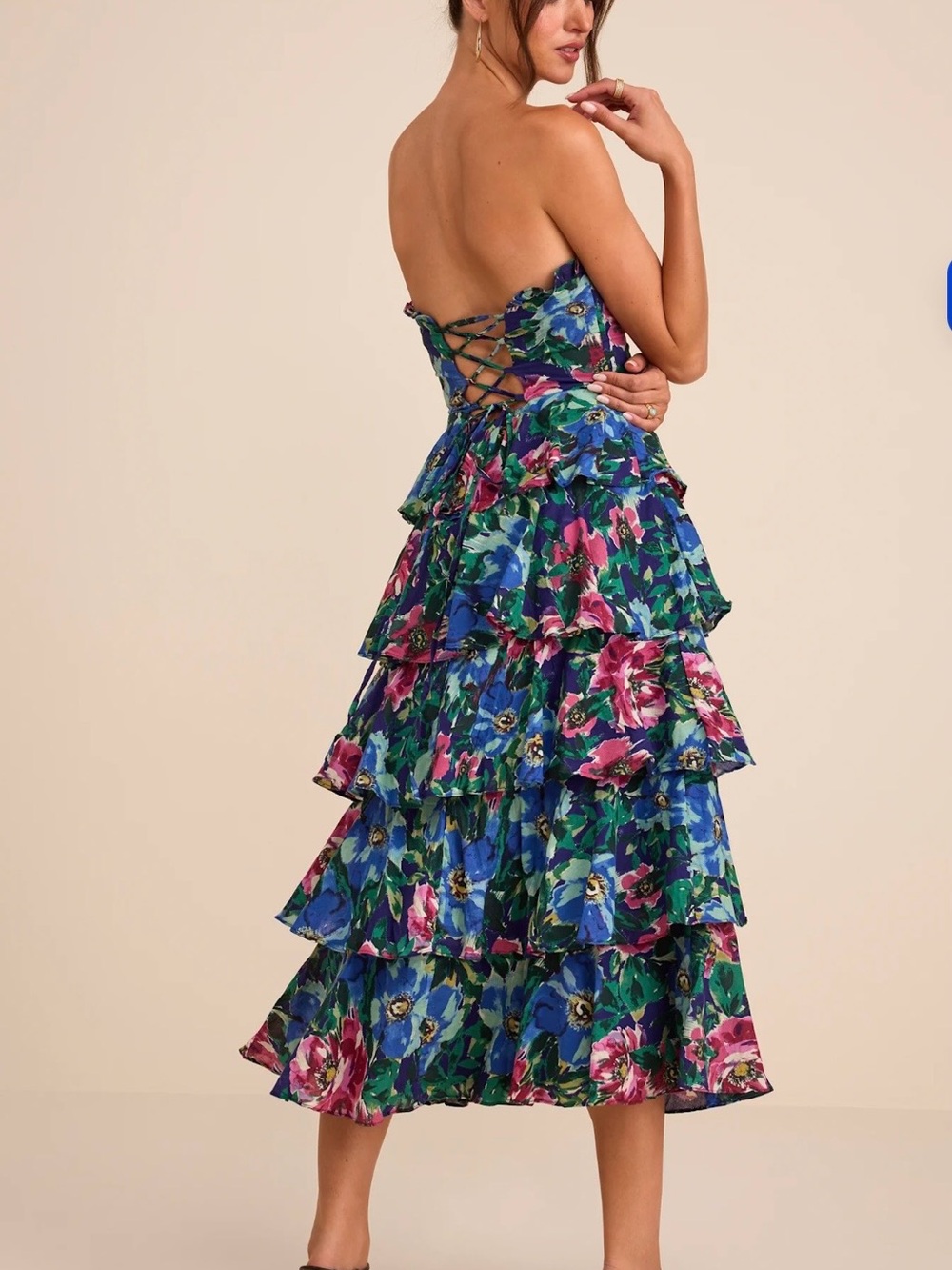 Lulu's Strapless Floral Tiered Midi Dress in Blue, Green & Pink - Picture 3 of 8